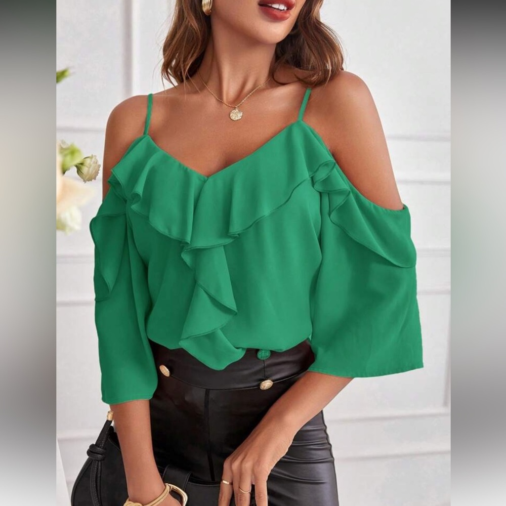 Elegant Red Ruffle Cold Shoulder Top - Picture 4 of 16